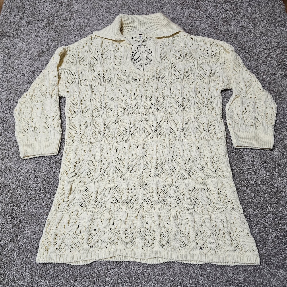 Free People Elton Mini Dress Knit Long Sleeve Boho Sz M Cream - NO SLIP